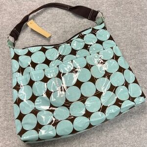 NWT Braciano Naturalizer Turquoise Brown Polka Dot Coated Canvas Hobo Bag Retro